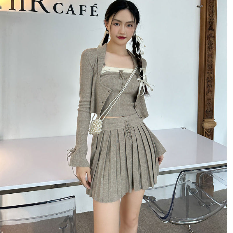 qgtao fall outfits women Spring 2024 New Pure Desire Style Hand-Knitted Rope Knitted Cardigan Sling Pleated Skirt Three-Piece Set Dress
