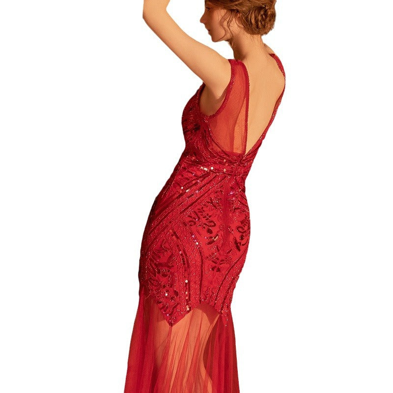qgtao costume ideas Vintage Bridesmaid Beaded Mesh Sequined Evening Gown 1920 Wedding Dress Long Sexy Dress