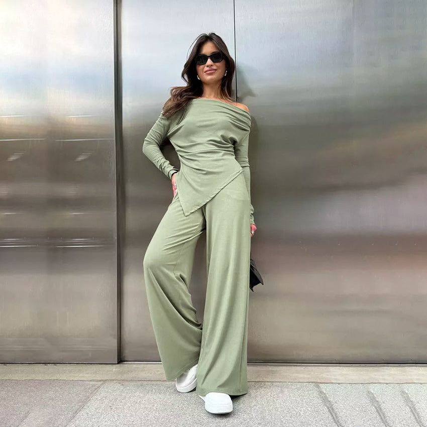 2025 Autumn and winter high-end gray knitted fashion temperament one-word collar long-sleeved high-waisted wide-legged pants commuter casual suit