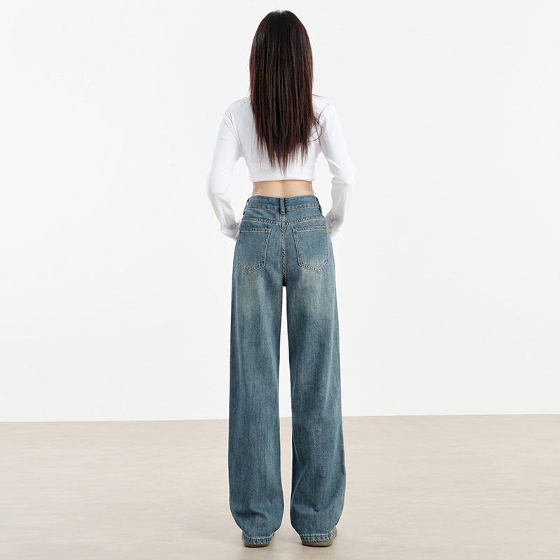 2025 7010 wide-leg jeans women's autumn new narrow version high-waisted drape versatile floor pants slim straight trousers