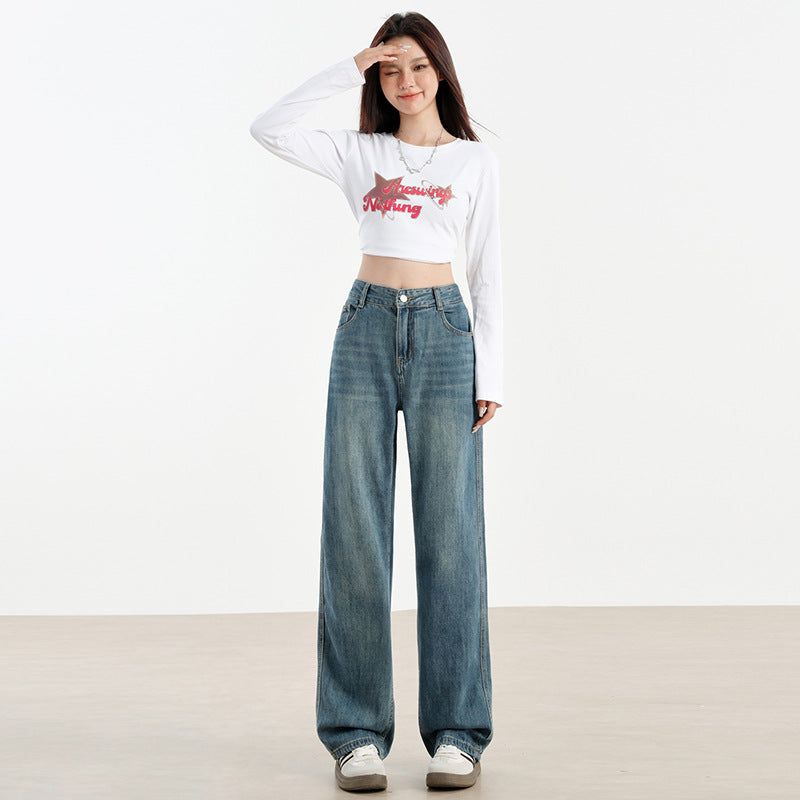 2025 7010 wide-leg jeans women's autumn new narrow version high-waisted drape versatile floor pants slim straight trousers