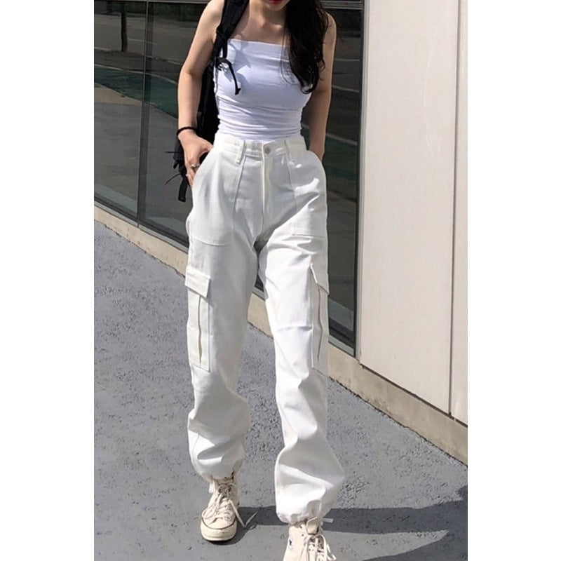qgtao going out outfits Street Retro High Waist Slimming Large Pocket Drawstring Overalls Straight Casual Pants Ankle-Tied Pants Trousers for Women