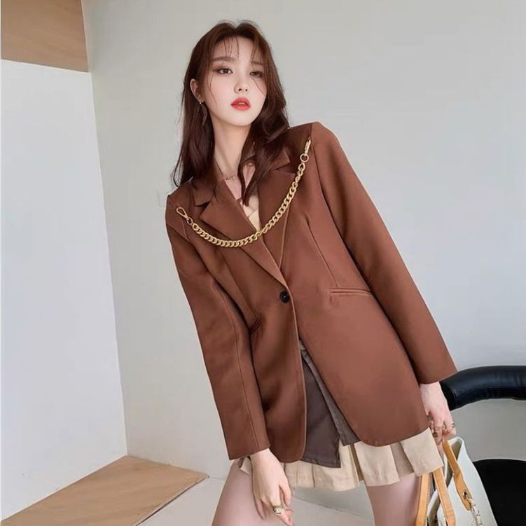 Coffee shoulder chain decorative suit salt fried street jacket women's autumn and winter women's clothing new casual loose suit