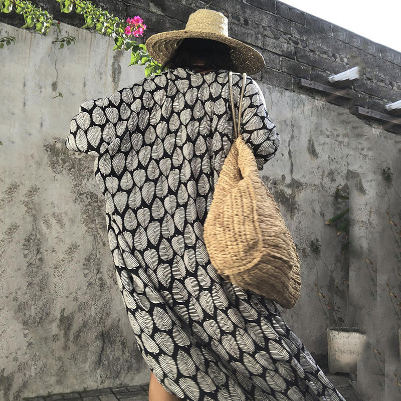 2025 new cotton leaf print beach blouse sexy cardigan style vacation sunscreen shirt dress