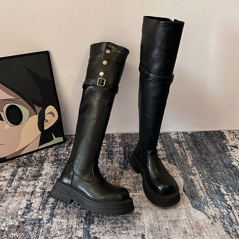 2025 Black retro British style thick heel platform boots women's popular autumn and winter new boots tall and thin knight boots