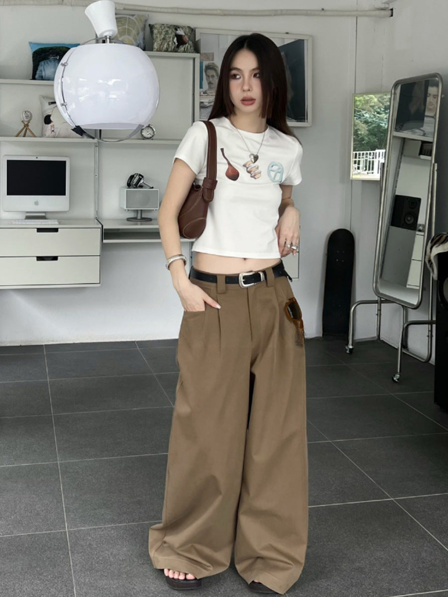 qgtao suede jacket outfit Fish Fashionable Retro High Street Suit Pants Loose Wide Leg Lazy Straight Casual Pants