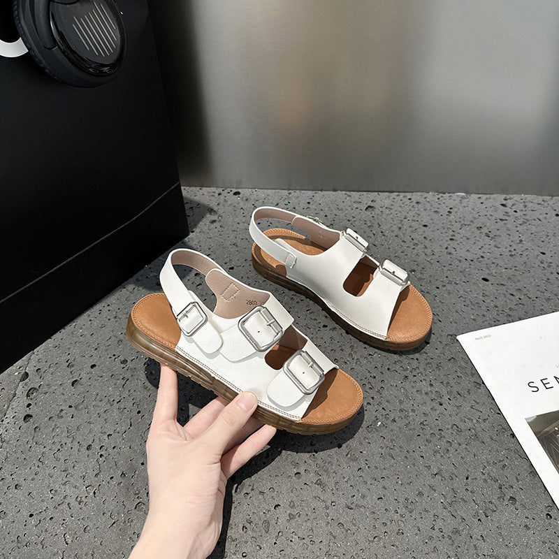 2025 Sandals women's summer wear popular new flat-bottomed thick-soled seaside casual beach Roman shoes