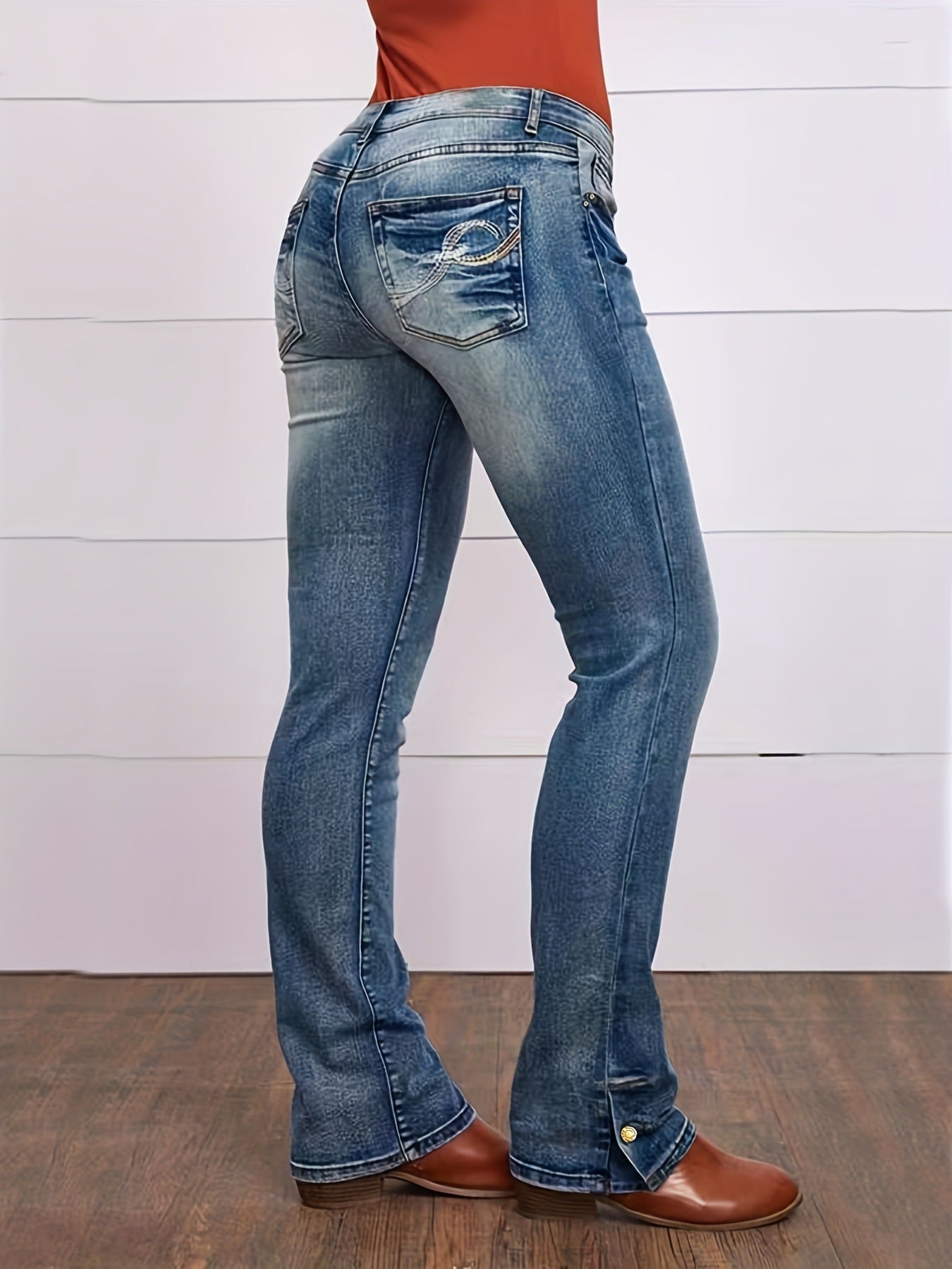 2025 Cross-border supply, 2025 simple casual jeans, elastic slim-fit straight denim trousers, women's embroidered jeans