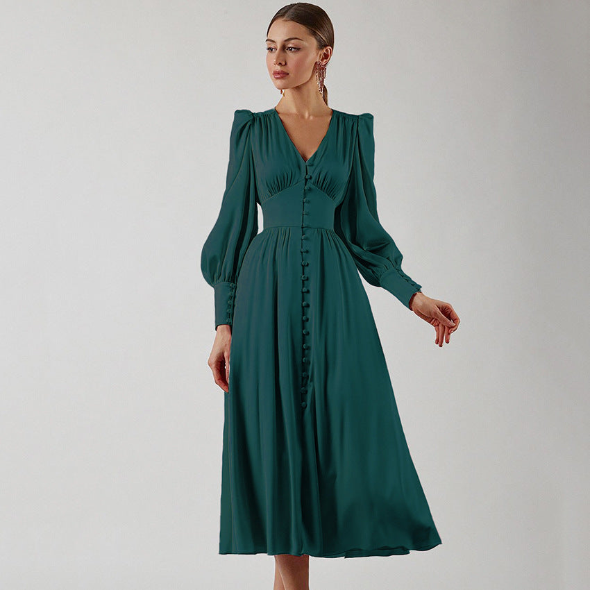 2025 spring new satin dress women's design lantern sleeves waist thin temperament slim dress