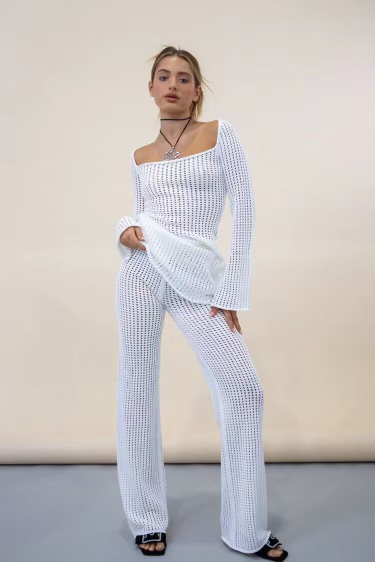 2025 new knitted hollow beach suit women, solid color loose U-neck long-sleeved trousers beach suit women