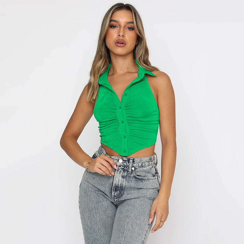 2025 women's clothing summer new sleeveless top simple design sexy backless single-breasted small lapel shirt women