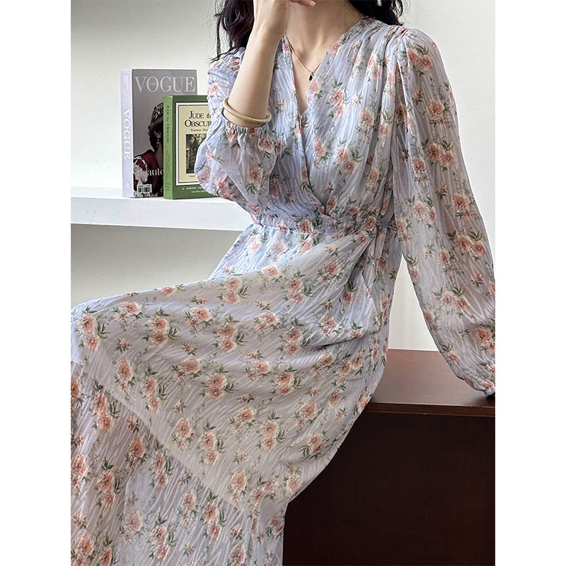 2025 2025 spring new Korean loose V-neck drawstring waist design long floral dress 2303