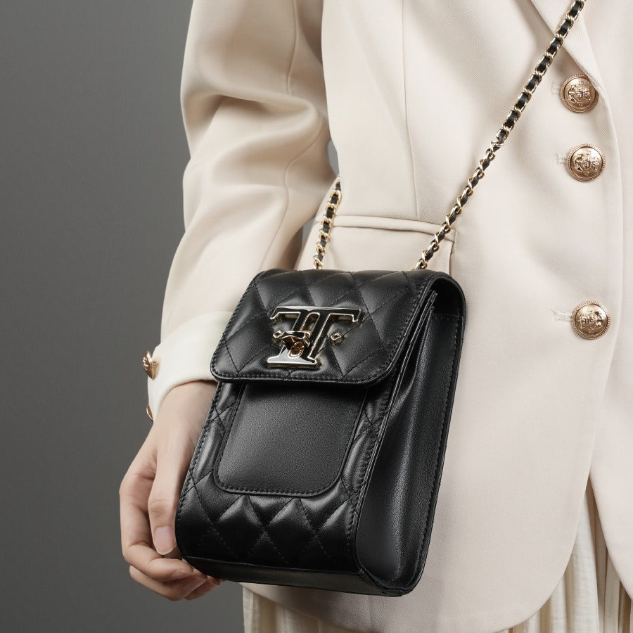 2025 Leather chain women's bag popular new autumn first-layer cowhide mobile phone bag shoulder messenger bag mini bag