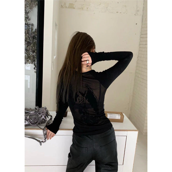 qgtao barn jacket outfits Spring and Autumn Women's Clothing New Y2g Hot Girl Sexy American Retro Style Mesh Angel Printed Long-Sleeved T-shirt Top