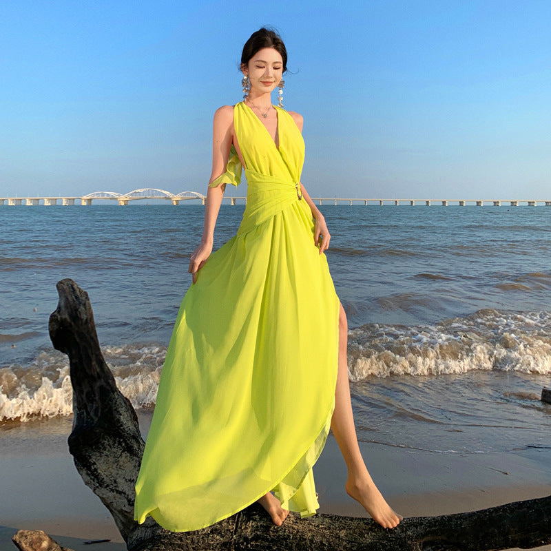 2025 Thai Spice Girl pleated neck skirt high split dress backless long dress evening dress Sanya vacation photo skirt