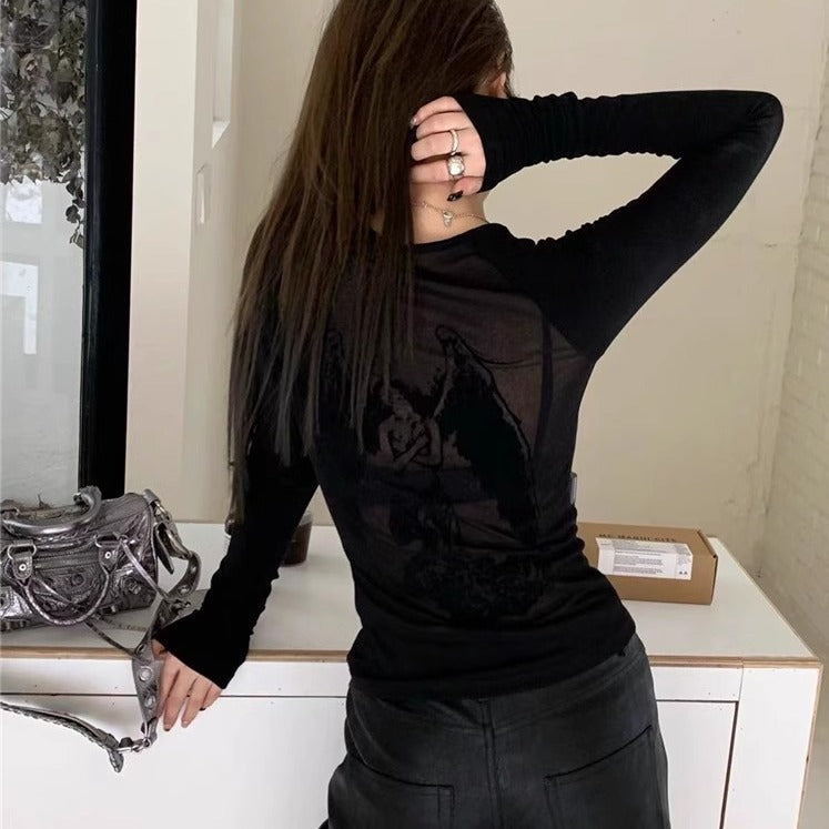 qgtao barn jacket outfits Spring and Autumn Women's Clothing New Y2g Hot Girl Sexy American Retro Style Mesh Angel Printed Long-Sleeved T-shirt Top