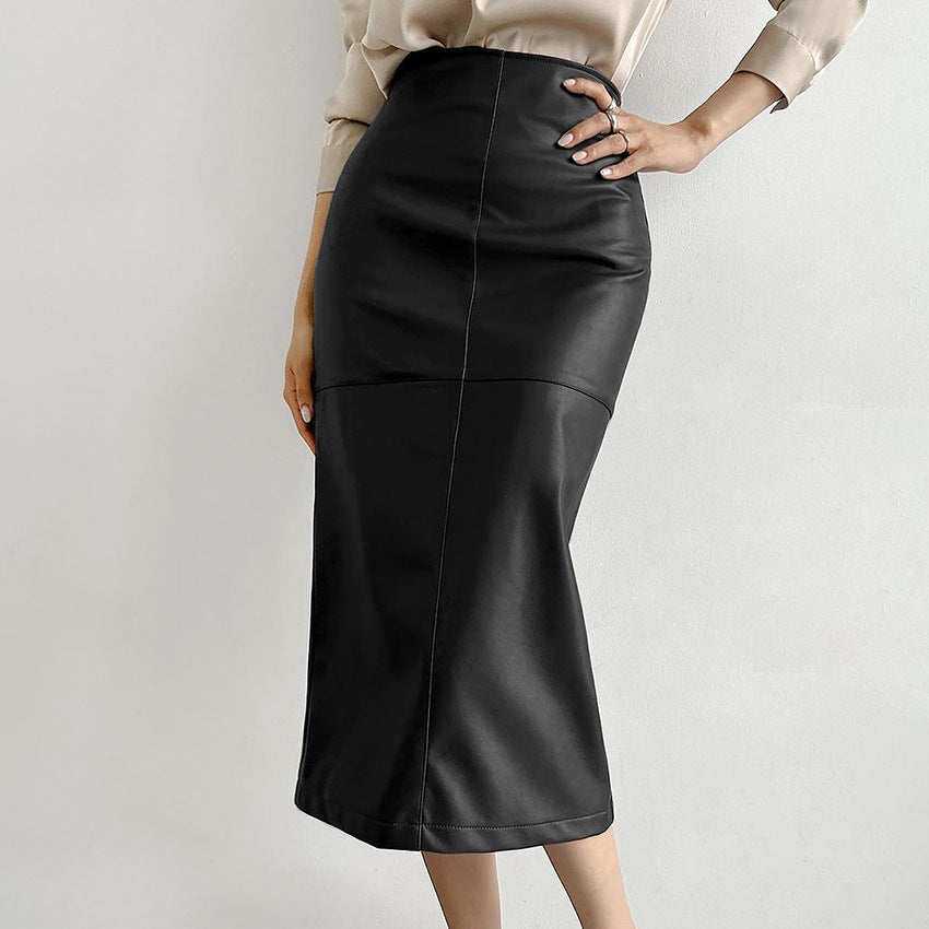 2025 Autumn and winter retro classic khaki velvet matte temperament thin PU leather high waist casual split skirt women