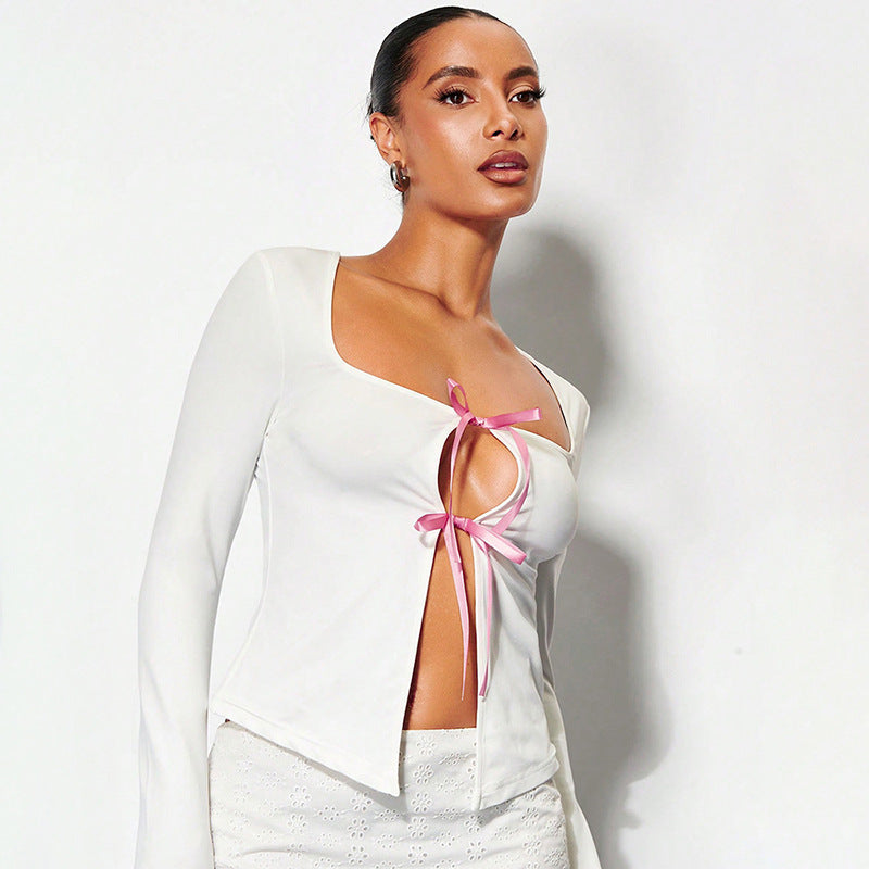 qgtao 2000s fashion Women's Spring New round Neck Trapezoidal Collar Long Sleeve Bow Tied Rope Cardigan T-shirt Top