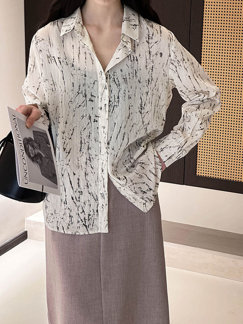 2025 Korean temperament retro ink printing shirt women's 2025 spring loose and thin top 3009