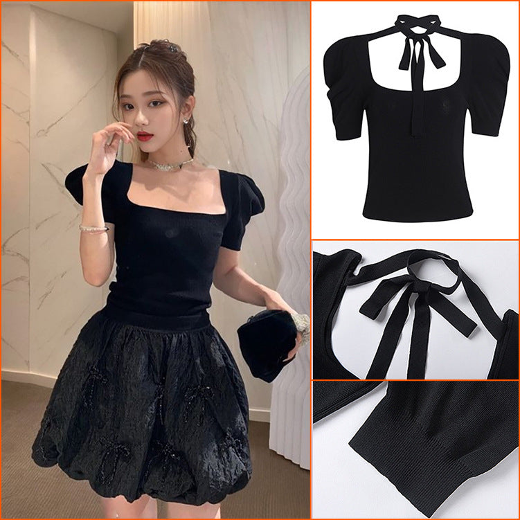 Hepburn style black neck-hanging knitted sweater for women, autumn and winter, small man, slim and thin shirt, short fashion top for women