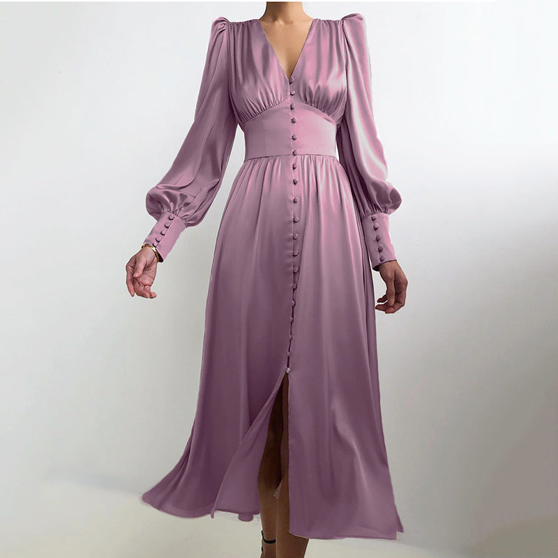 2025 spring new satin dress women's design lantern sleeves waist thin temperament slim dress