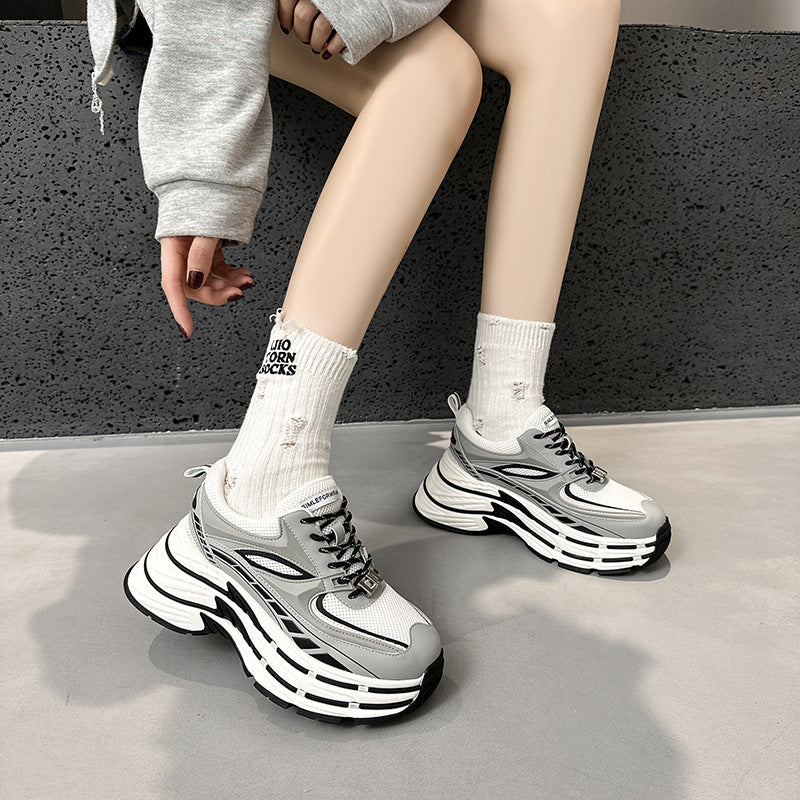 2025 Dad shoes women's popular spring and autumn new leather heightened thick-soled mesh breathable couple casual sports shoes women's trendy shoes
