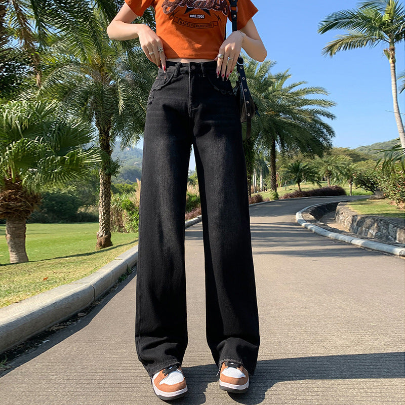 2025 Light blue retro blue black ripped jeans women's high waist and thin design sense straight narrow version loose wide-leg pants