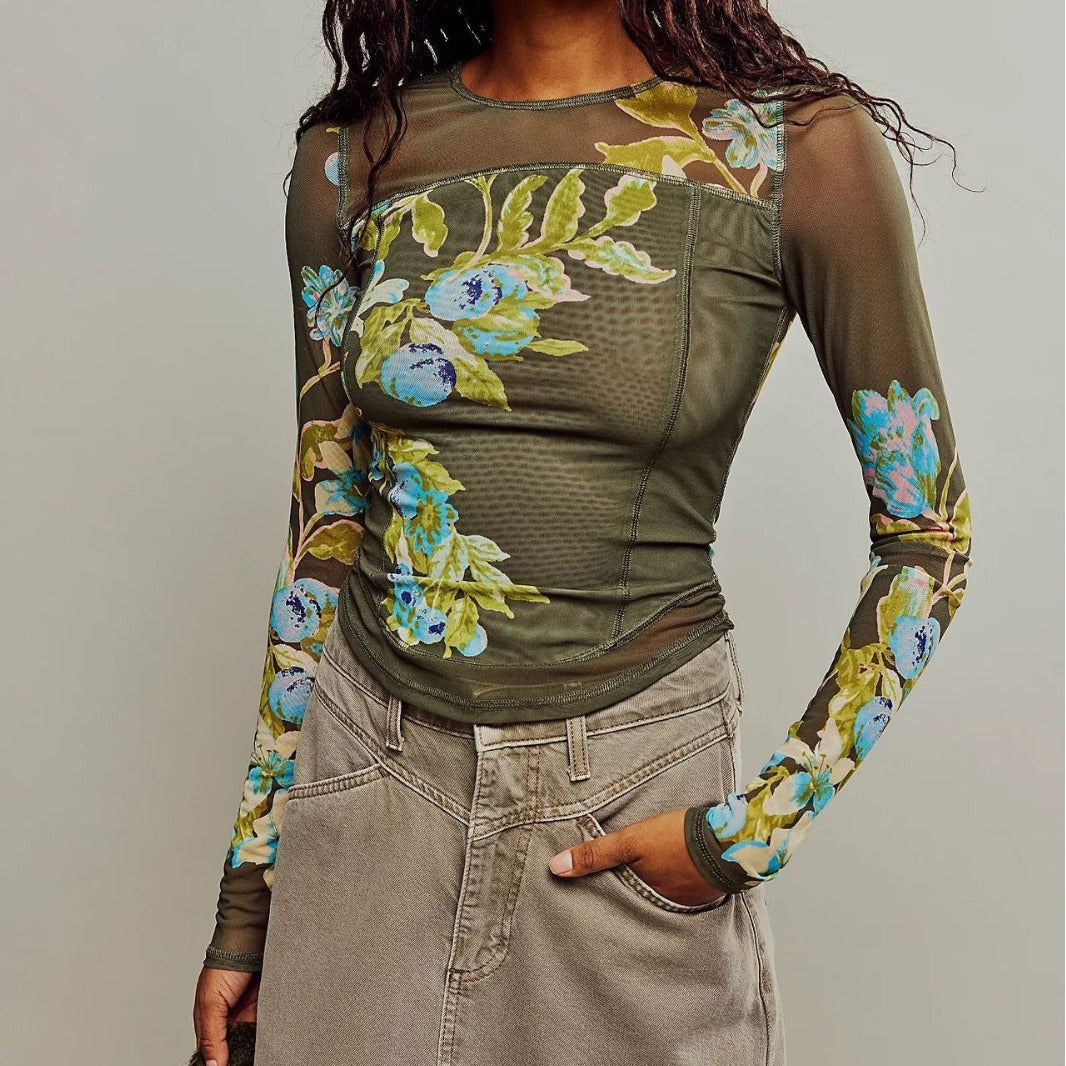 qgtao barn jacket outfits 2024 New Hot-Selling Mesh Double-Layer Spring and Summer Digital Printing Flower Hot-Selling Slim-Fit Long-Sleeved T-shirt for Women