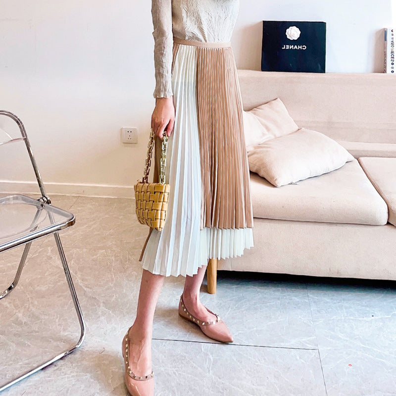 versatile a-word thin skirt women's spring and summer fashion high-end contrasting colors irregular pleated umbrella skirt pleated skirt