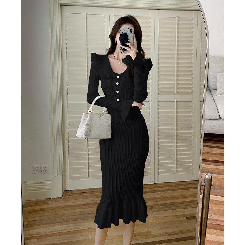 ruffle edge long-sleeved knitted dress women's small fragrance retro temperament lady hip-wrapped fishtail sweater skirt
