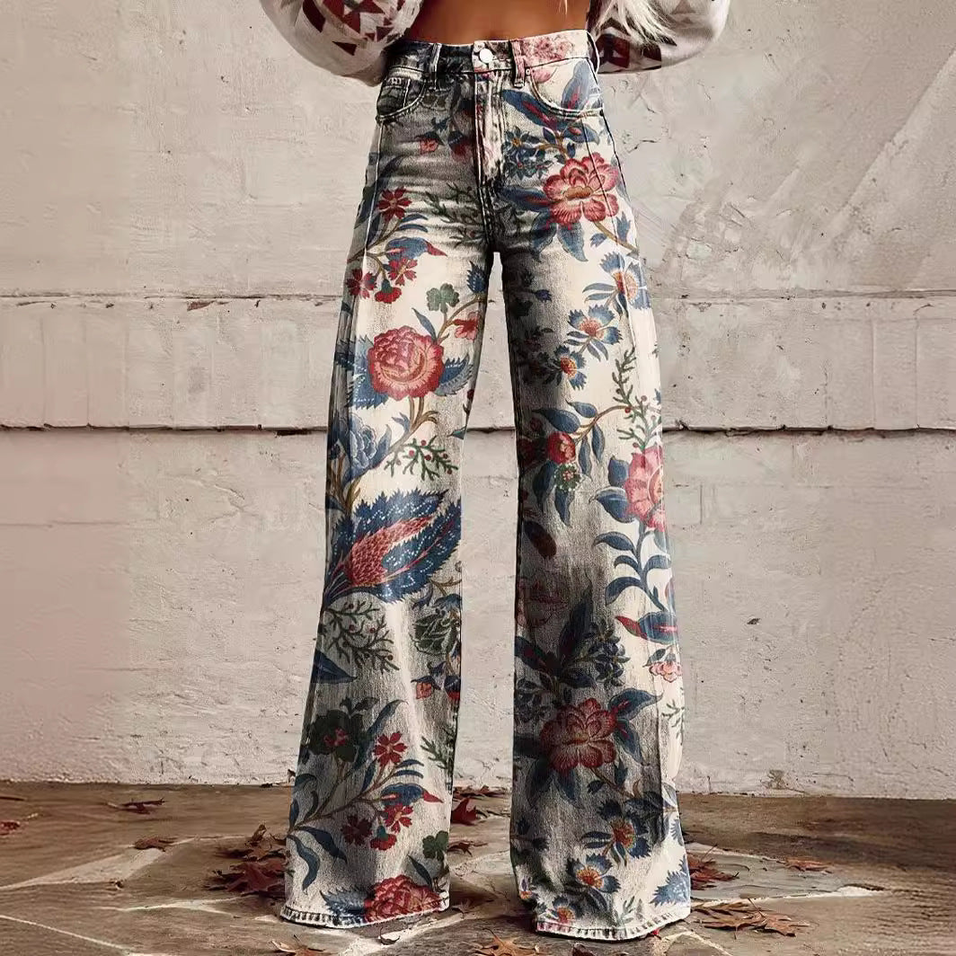 qgtao pants Rainbow Women's Wide-Leg Pants New Thermal Transfer plus Size Flared Pants Women's Trousers