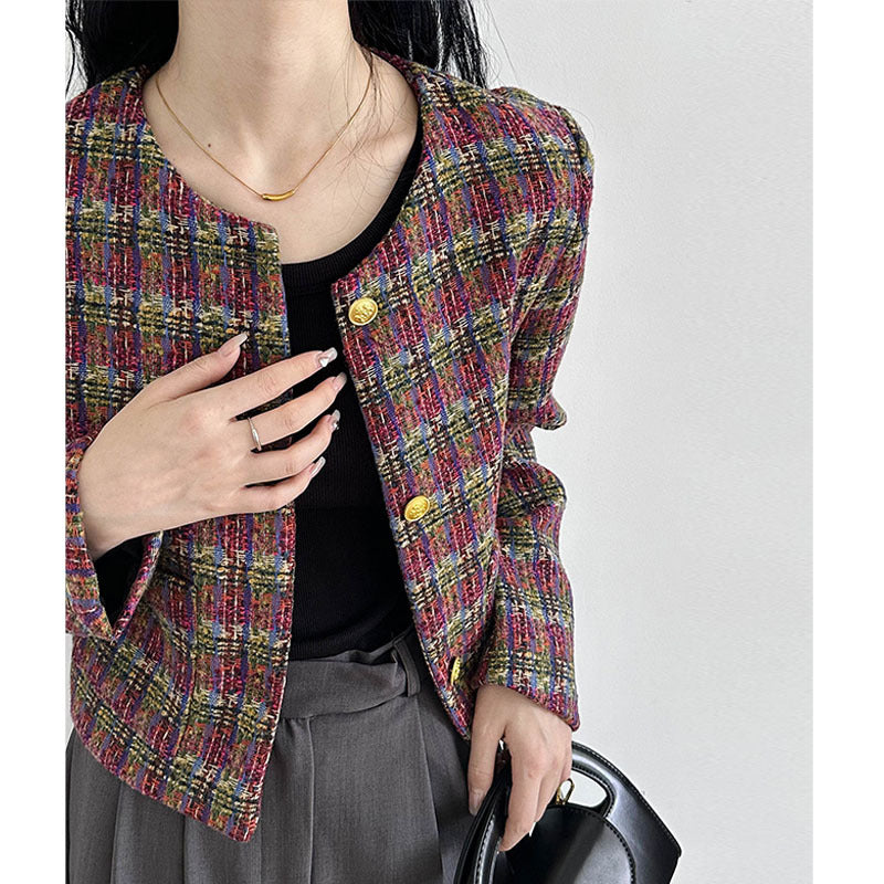 2025 , artistic atmosphere popular autumn Korean temperament high-grade plaid woven wind small fragrant short jacket 908