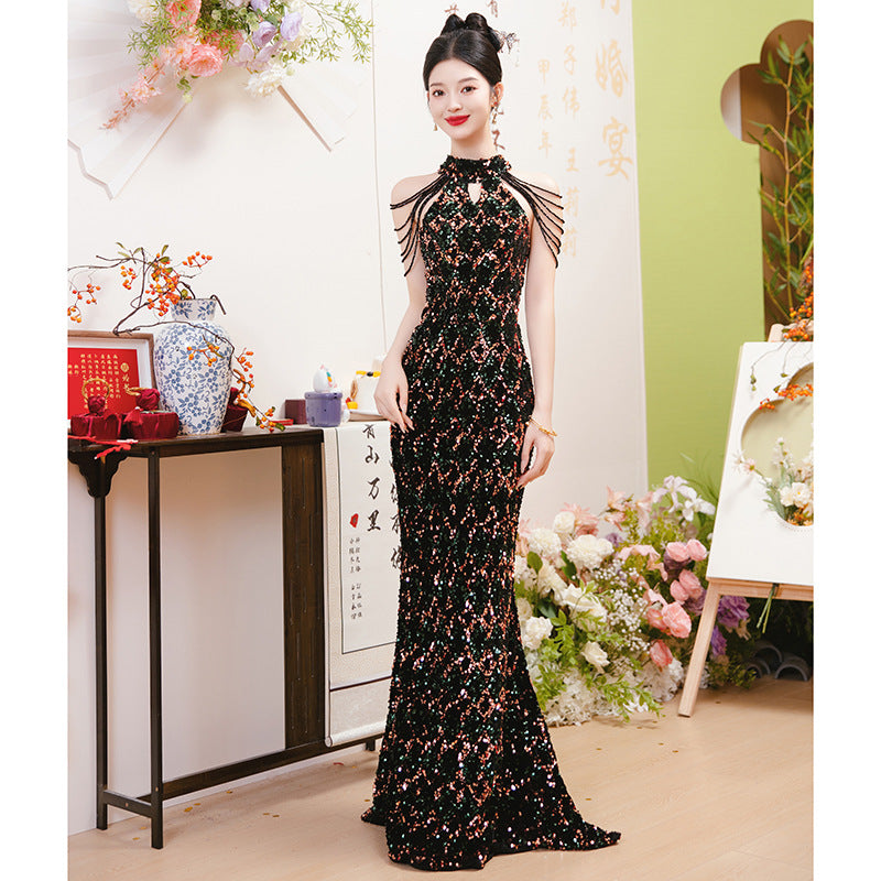 2025Evening dress women's new black sequins light luxury niche temperament host annual meeting banquet fishtail dress skirt