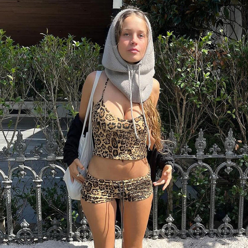 qgtao outfit ideas Summer New Leopard Print Sexy Navel Lace-up Top Shorts Suit