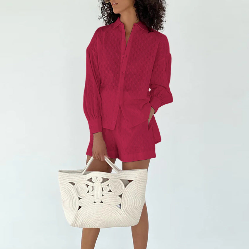 2025 popular Summer Women's Shirts Jacquard Bubble Sleeves Temperament Tops Shorts Commuter Design Casual Suit