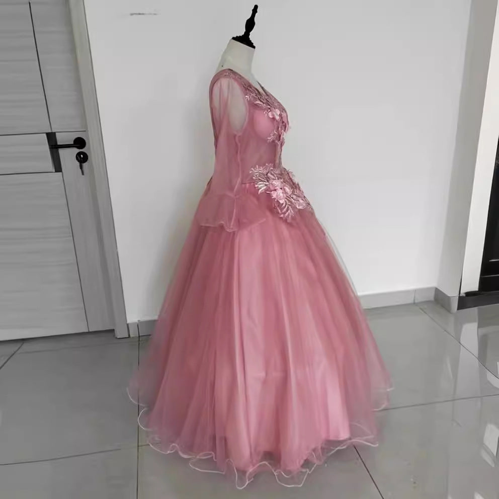 2025Color yarn new host performance student vocal solo art test clothing tutu skirt long evening dress women