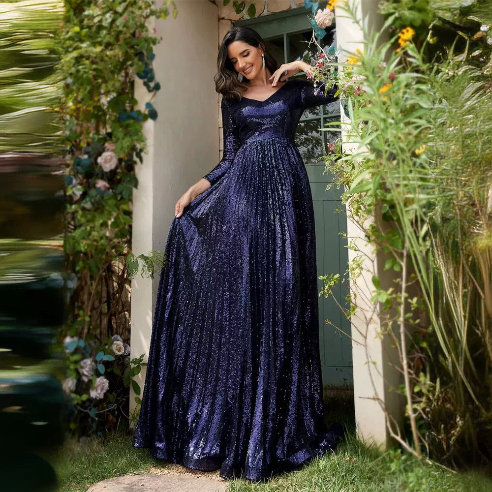 2025dresses new elegant sequins V-neck long sleeves fashion trend banquet dresses factory supply