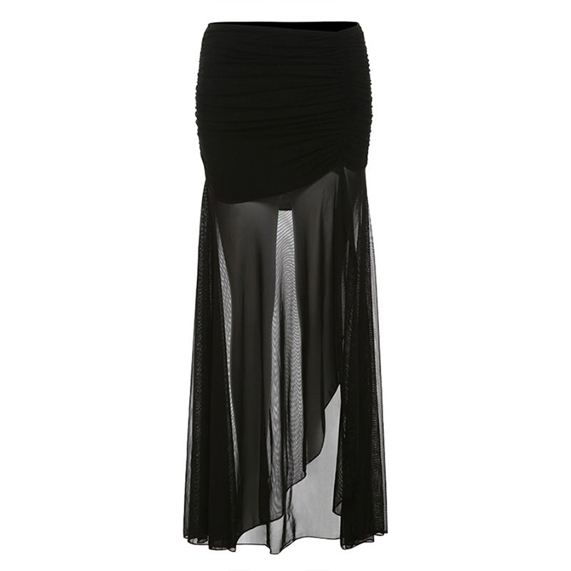 2025 style popular summer new women's clothing sexy fashion black mesh transparent slit skirt skirt