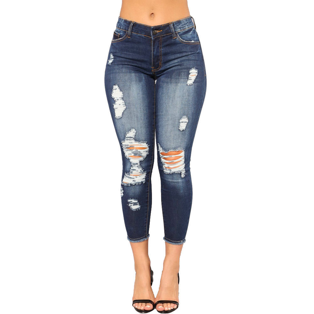 2025 2021 spring factory spot high elastic nine points ripped women's clothing small feet tight hip lift fashion jeans