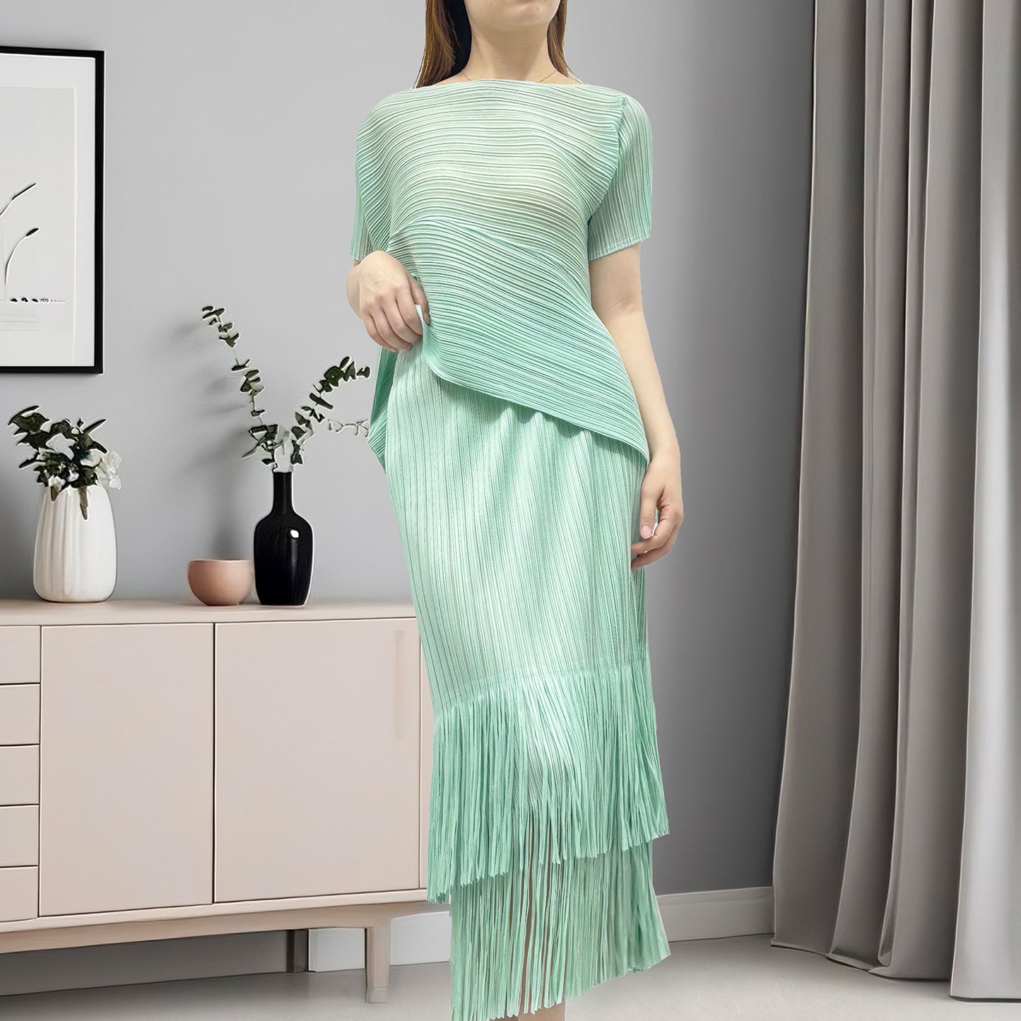 hot-selling suit women's high-end popular black slim short-sleeved T-shirt fringed hip skirt