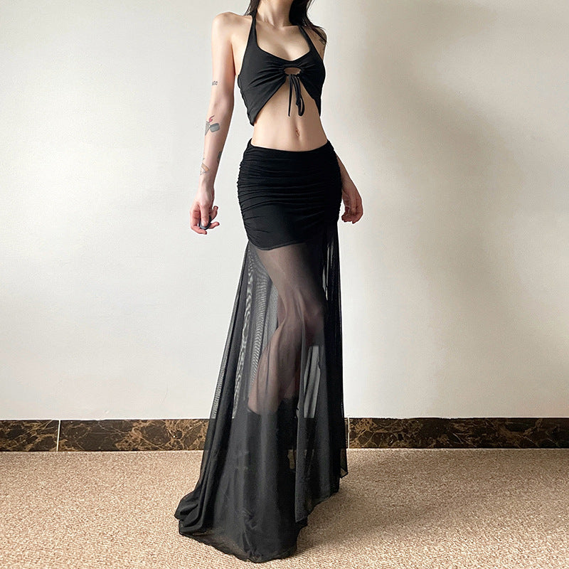 2025 style popular summer new women's clothing sexy fashion black mesh transparent slit skirt skirt