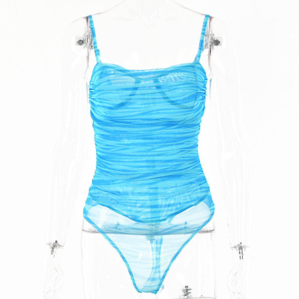 2025 style INS summer new onesie women's solid color fashionable and sexy suspender backless double-layer mesh bottoming shirt