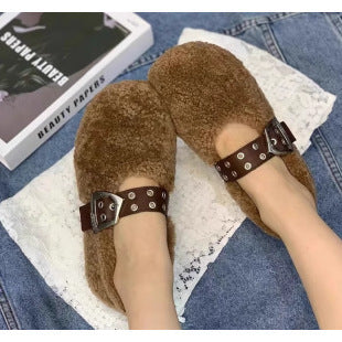 2025 Korean version of one-word Mary Jane autumn and winter new Doudou women's shoes plush flat-soled fluffy shoes single shoes cotton ladyshoes