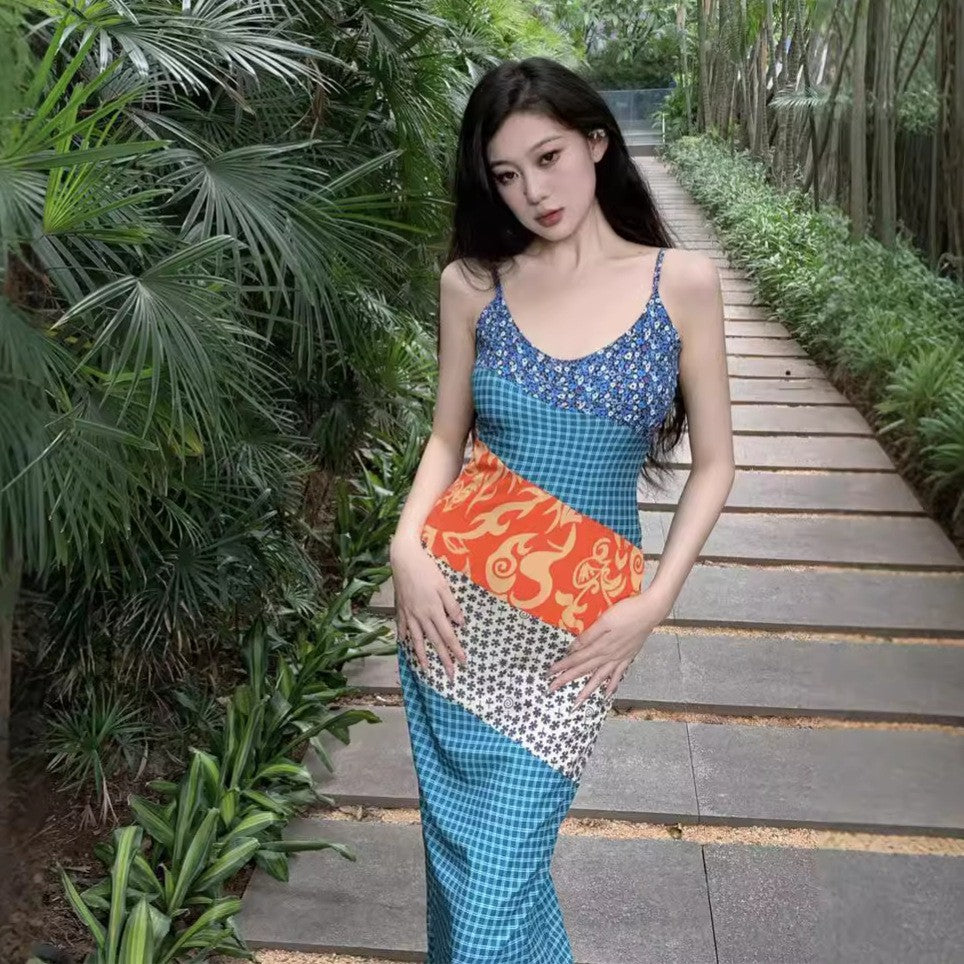 qgtao y2k dress to impress Retro Stitching Floral Strap Dress Slim Fit Slimming Sheath Temperament Summer New Split Dress Holiday Dress