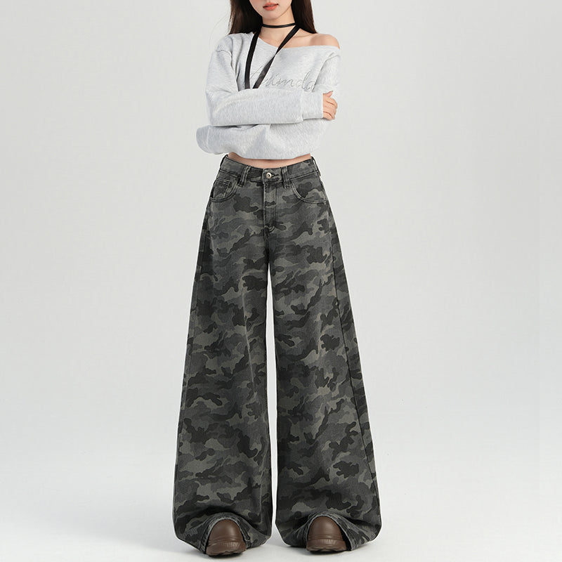 2025 n high street tooling wide-leg camouflage jeans women's autumn retro high-waisted loose and thin straight casual pants