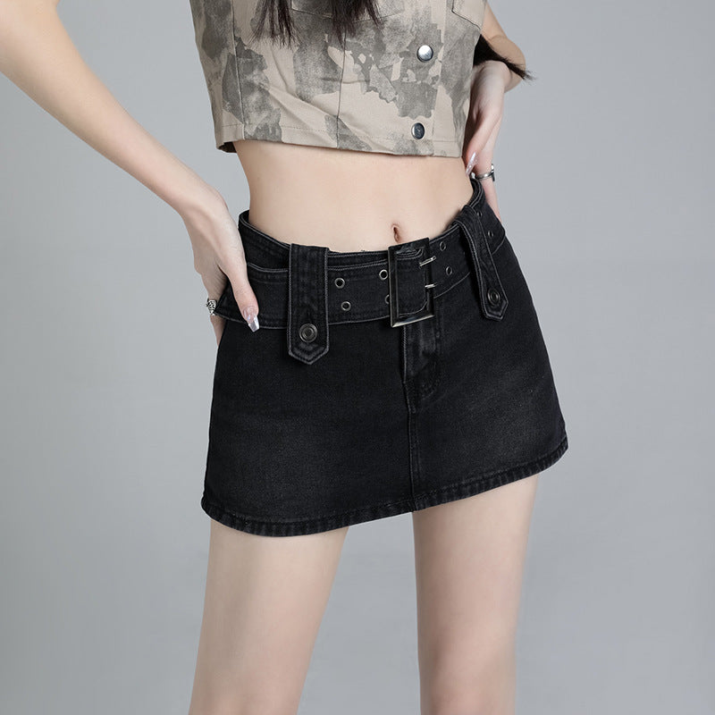 2025 Blue denim short skirt women's summer popular new high-waisted A-word thin and versatile retro n sweet short skirt