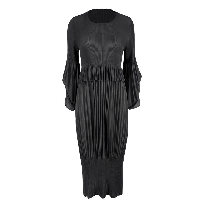 2025 spring simple design girly feeling fresh and sweet pleated bubble sleeves lantern dress dress dress medium and long dress women
