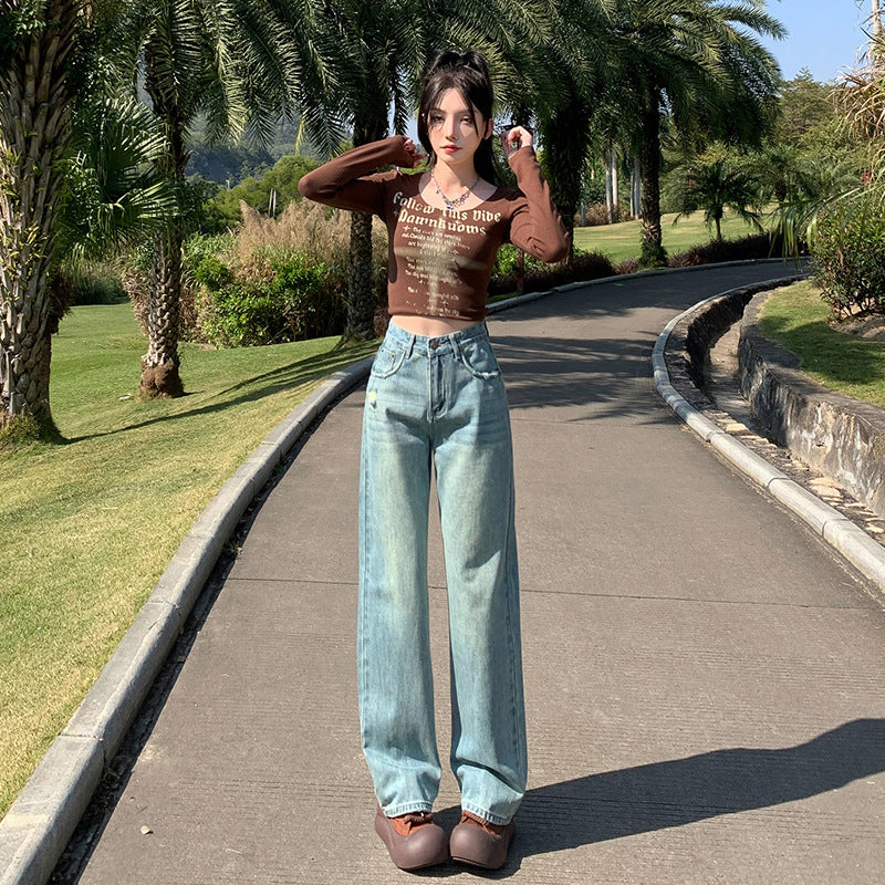 2025 Light blue retro blue black ripped jeans women's high waist and thin design sense straight narrow version loose wide-leg pants