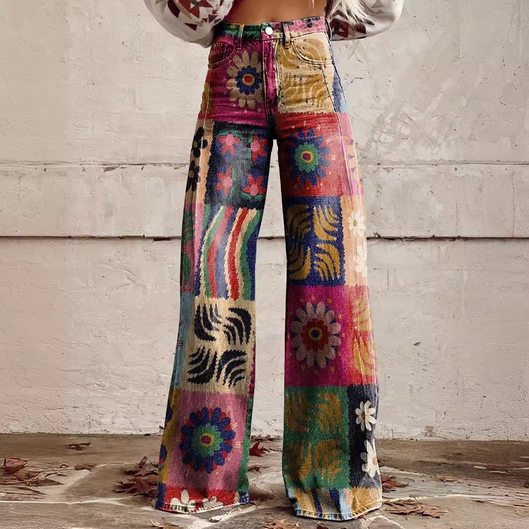 qgtao pants Rainbow Women's Wide-Leg Pants New Thermal Transfer plus Size Flared Pants Women's Trousers