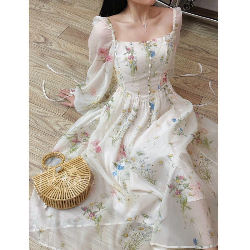qgtao cybergoth dress to impress Spring 2024 New Forest Flower Rain French Style Dress Fishbone Slimming Printed First Love Fairy Dress Tea Break Dress